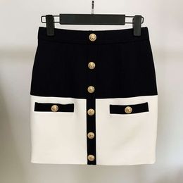 Two Piece Dress Star Style Fashionable Metal Lion Head Button Colour Blocking Buttocks Wrapped Ultra Short Skirt Half
