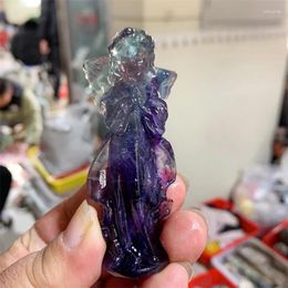 Decorative Figurines Natural Purple Fluorite Guardian Angel Hand Carved Polished Figurine Healing Energy Stone Aesthetic Room Decor Gifts