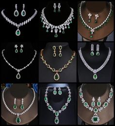 Earrings Necklace AMC Luxury Cubic Zirconic Emerald Green Wedding Earring Set Jewelry For Women Bridal Gift Wife9779860