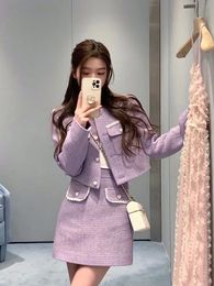Small Fragrant Tweed Purple Coat And Skirt Set Blazer Dress Elegant Womens Korean Style Two 2 Piece Outfits For Women Robe Sets 240412