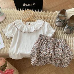 Shorts Cute Baby Girl Summer Clothes Korea Style Newborn Kids Short Sleeve Cape Collar Cotton Tshirt Tops Flower Shorts Bottom Outfits