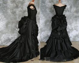 Gothic Victorian Bustle Gown with Train Vampire Ball Masquerade Halloween Black Beaded Steampunk Goth 19th century Wedding Dresses1875849