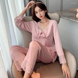 Home Clothing Femme Lace Trim Sleepwear With Bow Two Pieces Shirt&amppants Set V-Neck Pajamas Suit Satin Spring Clothes Casual Loungewear