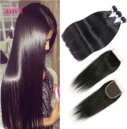 Brazilian Straight Virgin Hair Weaves 3 Bundles with Lace Closures 8A Grade Unprocessed Malaysian Peruvian Indian Cambodian Remy H3537979