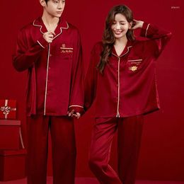 Women's Sleepwear Womens Silk Satin Pyjamas Set Couple Red Wedding Pyjamas Suit Female Sleep Two Piece Loungewear