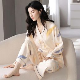 Women's Sleepwear High-grade Cotton Pajamas Women Spring And Autumn Long Sleeve Collarless Cardigan Young Ladies Set Loose Home Wear Pijamas