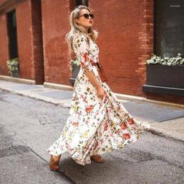 Casual Dresses Women Printed Chiffon Dress Spring Autumn Elegant Floral Print Maxi For A-line Silhouette High