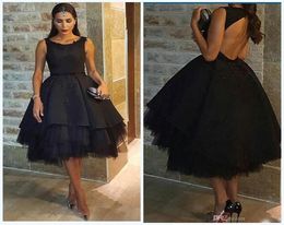 Classic Arabic Black Prom Dresses Beaded Satin Tulle Petticoat Prom Ball Gowns Knee Length Hollow Back Sexy Party Dresses Evening 5735202