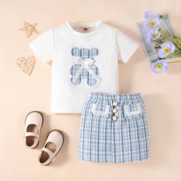 Clothing Sets 2024 Summer Baby Girls Kids Short Sleeve Cartoon Bear Bow T-shirt Top Plaid Skirt Children's Casual Clothes