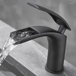 Bathroom Sink Faucets Basin Faucet Solid Brass Waterfall Style Black Finish Cold And Mixer Water Tap Single Handle