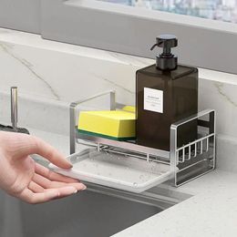 Kitchen Storage Large Sponge Holder Sink Caddy Rack Stand Cleaning Brush Soap Organiser With Drain Tray 18x10x8.8CM