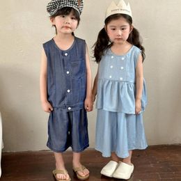 Clothing Sets Summer Thin Brother Sister Outfits Girl Baby Solid Sleeveless Tops Mid Pants 2pcs Boy Children Cotton Loose Casual Shirt Set