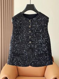 Women's Vests 2024 Spring Korean Style Fashion High Quality Sequins Tweed Waistcoat Vest Tops C878