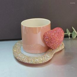 Mugs Cute Love Heart Ceramic Mug Rhinestone Lovely With Tea Saucer Afternoon Teacups Water Cup Coffee Juice For Student Women Gifts