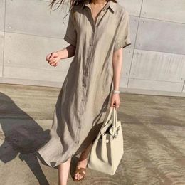 Party Dresses Summer Cotton And Linen Long Dress Fashion Polo Neck Single Breasted Shirt Casual Simplicity Loose Lace-up Vestidos