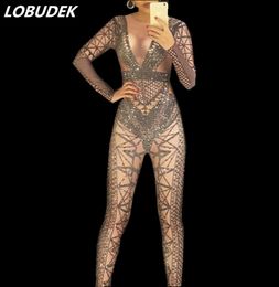 Female Bright Crystals jumpsuit DJ DS performance clothing Romper Nightclub singer stage costumes Leotard bodysuit6871464