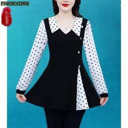 Women's Blouses L-5XL 2024 Women European Style Office Lady Long Shirt Patchwork Leopard Print Dot Ruffle Belly Black Tunic Peplum Top