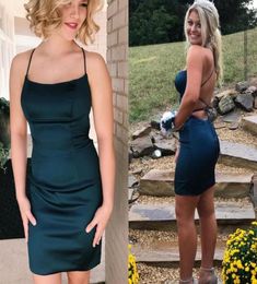 Forest Green Short Prom Dresses Spaghetti Straps Sheath Satin Backless Sexy Party Dresses Elegant Evening Gowns4623841