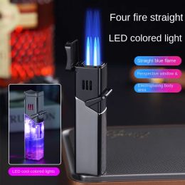 Metal Windproof Cigar Cigarette Lighter Jet Unusual Four Torch Gas Lighters Electron Smoking Accessory Butane Gadgets for Men