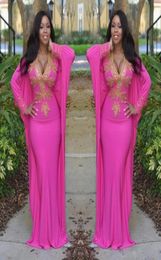 2019 Pink Moroccan Kaftan Turkish Dresses with Long Sleeves Deep V Neck Evening Gowns Gold Beads Arabic Dubai Prom Party Cloth2709073