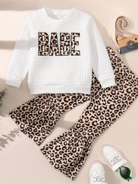 Clothing Sets Toddler Girls Leopard Print Crew Neck Cotton Long Sleeve Plaid White T-shirt And Flare Pants Set