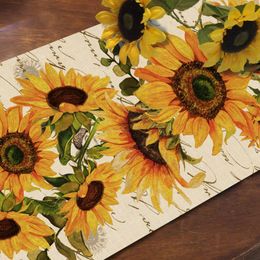 Spring Sunflowers Linen Table Runner Vintage Summer Floral Home Kitchen Dining Decor Seasonal Indoor Outdoor Holiday Party Decor