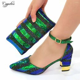 Dress Shoes Green Sequins Woman And Bags Set African Matching Ladies High Heels Pumps With Purse Handbag Sandals Clutch CR670 7.8CM