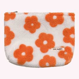 Plush Travel Toiletry Bag with Zipper Cute Floral Portable Makeup Bag Trendy Cosmetic Pouch for Purse Pencil Pouch