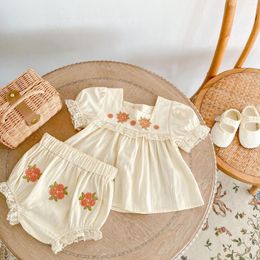 Clothing Sets Baby Girl's 2piece Set Summer Flower Embroidered Short Lace Bubble Sleeve Top Elastic Bread Shorts Cute Infant Kids Outfit