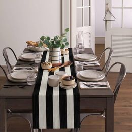 Black and White Striped Linen Table Runners Farmhouse Retro Rustic Wood Texture Durable Table Runner Kitchen Dining Party Decor