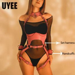 Bras Uyee Sexy Full Body Pu Leather Harness Stocking Garters Belts Lingerie Women Underwear Pink Red Suspenders Gothic Body Bondage