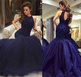 Navy Blue Beaded Mermaid Prom Dresses Sexy Vestidos De Fiesta Halter Neck Keyhole Back Pageant Evening Party Gowns Reception Dress1653171