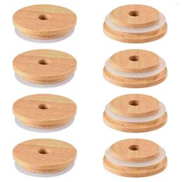 Dinnerware 8 Pcs Mason Jar Bamboo Lid Canning Lids Drinking Seal Straw Hole Wooden Beer Glass