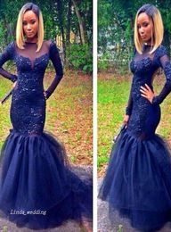 2019 Navy Blue Mermaid Prom Dress Stylish Long Sleeves Applique Special Occasion Dress Evening Party Gown Plus Size vestidos de fe6173038