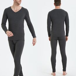 Men Winter Thermal Long Johns Top Bottom Underwear Set V Neck Long Sleeve Solid For Men Base Layer Top Bottom 2 Pieces Clothes