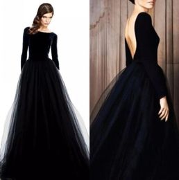 stunning long sleeve evening gowns black velvet dresses evening wear bateau neck low cut back a line tulle skirt formal dresses 201065505