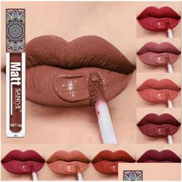 Lip Gloss Waterproof Matte Nude Brown Pigment Dark Red Long Lasting Veet Liquid Lipstick Women Makeup Lips Glaze Drop Delivery Health Dhuy1