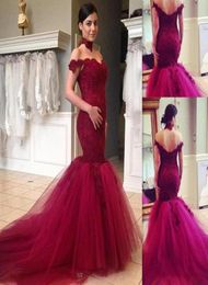 Burgundy Mermaid Prom Dresses Lace Off The Shoulder Sweetheart Evening Gowns Tulle Appliques Open Back Long Elegant Fancy Pageant 8383170