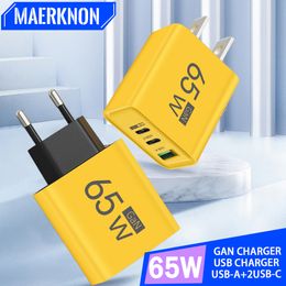 GaN 65W PD USB C Charger 3 Ports Type C Fast Charging Wall Chargers For iPhone 15 14 Xiaomi Samsung Power Adapter Phone Charger