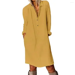 Casual Dresses Autumn Dress Long Sleeves Pullover Solid Buttons Loose Breathable Half-Single Breasted Large Size Pure Midi Women Clothes