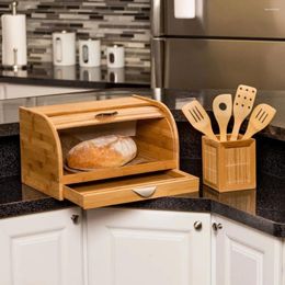 Storage Bottles Honey-Can-Do Bamboo Roll Top Bread Box With Drawer Natural Containers Food Container Rice Dispenser Kitchen Items