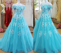 Off the Shoulder Bateau Neck Mint Green Tulle Aline Applique Prom Dress Reals Evening Gowns black girl prom Gowns1097367