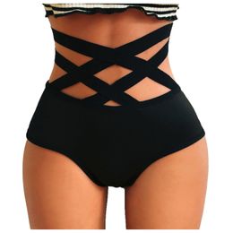 Women High Waist Lingerie Strappy Briefs Hollow Out Solid Colour Underwear Panties Sexy G-string Triangle Thongs