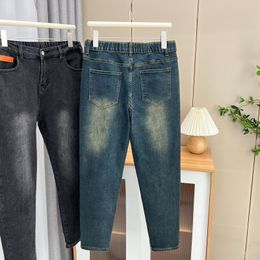 Autumn And Winter 100KG Thick Warm Denim Harem Pants Plus Size Women's Casual Leather Label Bleached Ankle-Length Jeans 1273