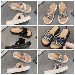 2024 Luxury Thick soled cross strap cool slippers women black Exquisite sequin sponge cake sole one line trendy slippers