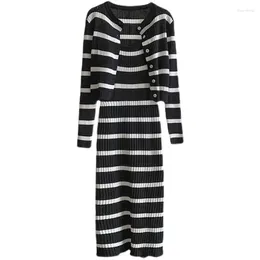 Casual Dresses 2024 Slim Black White Stripe Knitted With Cardigan Two Piece Set Plus Size Es Vestidos Women Dress