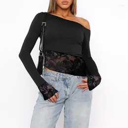 Women's T Shirts Xingqing Lace Patchwork Y2k Top Women Sexy Oblique Shoulder Long Sleeve Shirt Asymmetrical Hem Clothes 2000s Streetwear