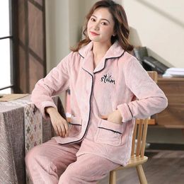 Women's Sleepwear Winter Pyjamas For Women Coral Fleece Thick 2 Pieces Warm Soft Pyjamas Set Ladies Lounge Bedroom Home Clothes Bedgown