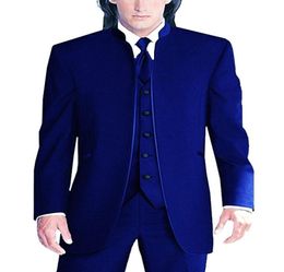 Brand New Groomsmen Royal Blue Groom Tuxedos Mandarin Lapel Men Suits Wedding Man Bridegroom Jacket Pants Vest Tie L16021926