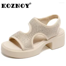 Dress Shoes Koznoy 5cm Stretch Fabric Bling Rubber Flats Chunky Heels Slip On Sandals Summer Cosy Comfy Contoured Peep Toe Fashion